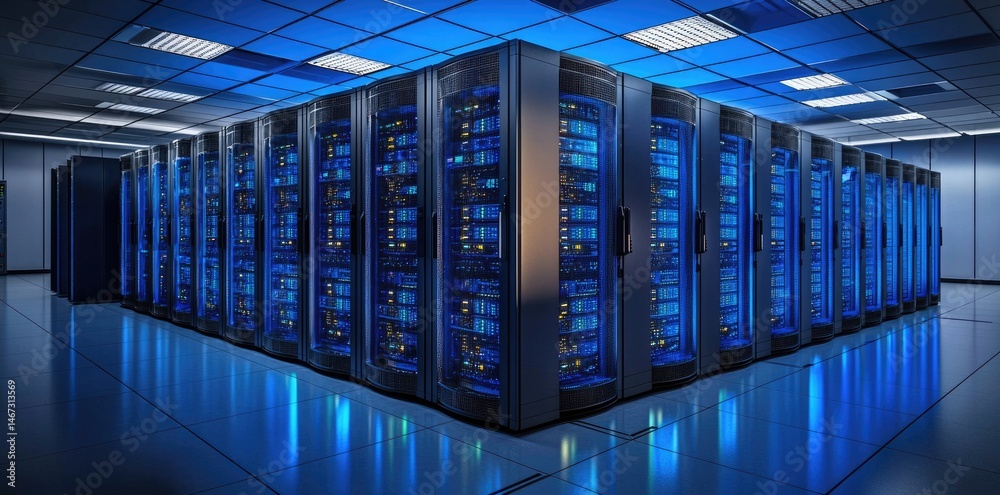 Poster Wide angle shot of a futuristic data center with endless rows of server racks glowing with blue lights, perfect for illustrating advanced tech infrastructure