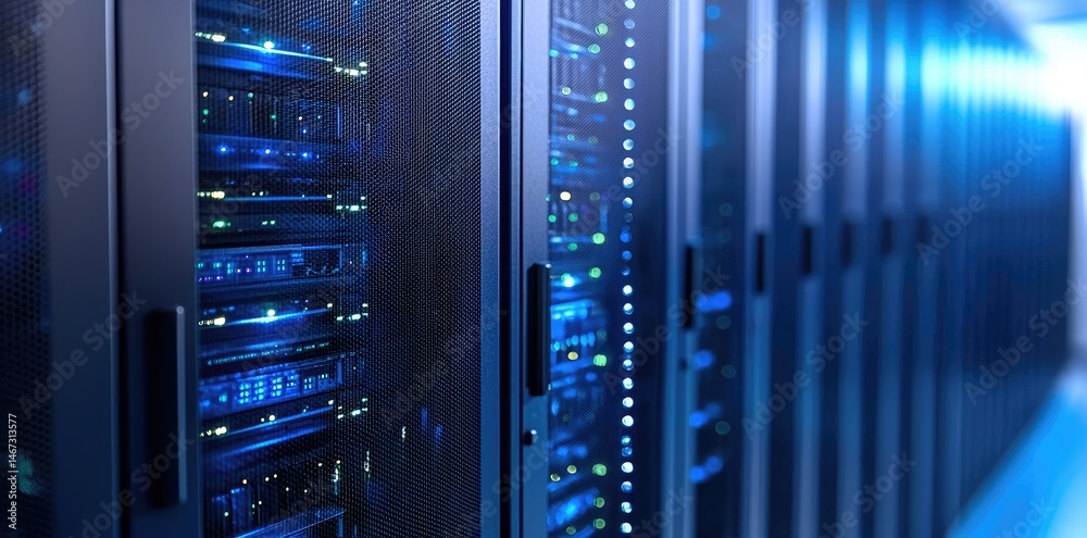 Poster Close-up view of a high tech data center server rack with glowing blue LED lights, ideal for IT infrastructure, cloud computing and cybersecurity concepts