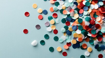 Fototapeta premium Brightly colored confetti dots in various shades are scattered across a soft teal background, providing a playful design with unobtrusive copy space on the right