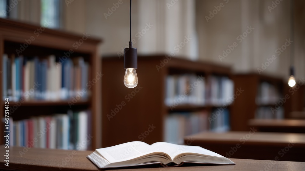 Poster A lit bulb casts warm light over an open book, creating a tranquil atmosphere. Blurred bookshelves enhance the comforting library environment