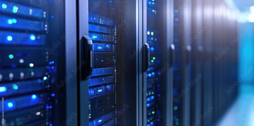 Poster Long corridor of a modern server room with clear focus on the glowing rack panels and illuminated floor reflections, great for visuals on data storage and tech