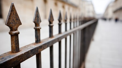 Naklejka premium A close-up of a weathered iron gate showcases its sharp ornamental tips and textured patina, illuminated by soft diffused light, creating an inviting ambiance