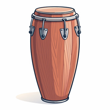 Create a vector illustration of a conga drum with bold black strokes and a clearly defined tuning mechanism.  Include realistic texture and shading.