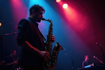 Saxophone player on stage at a jazz club, spotlight shining Cool, smoky atmosphere , swing, bebop, horn