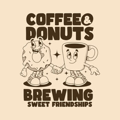Coffee and Donut Retro Character Design Illustration