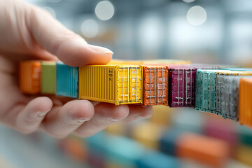Miniature shipping container models held in hand symbolizing global trade