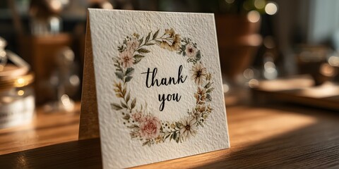 Card says "thank you," delicate watercolor floral wreath, calligraphy, on wood desk. Soft natural light, beautiful bokeh background. Warm, inviting, photorealistic.
