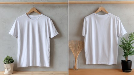 A blank white t-shirt is presented in a flat lay format, showing both front and back views against a minimalist background that allows for additional design elements