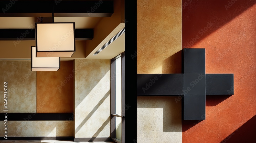 Poster Close-up view of ceiling-mounted light fixtures creating layered lighting effects, casting intricate shadows on the rich texture of the wall