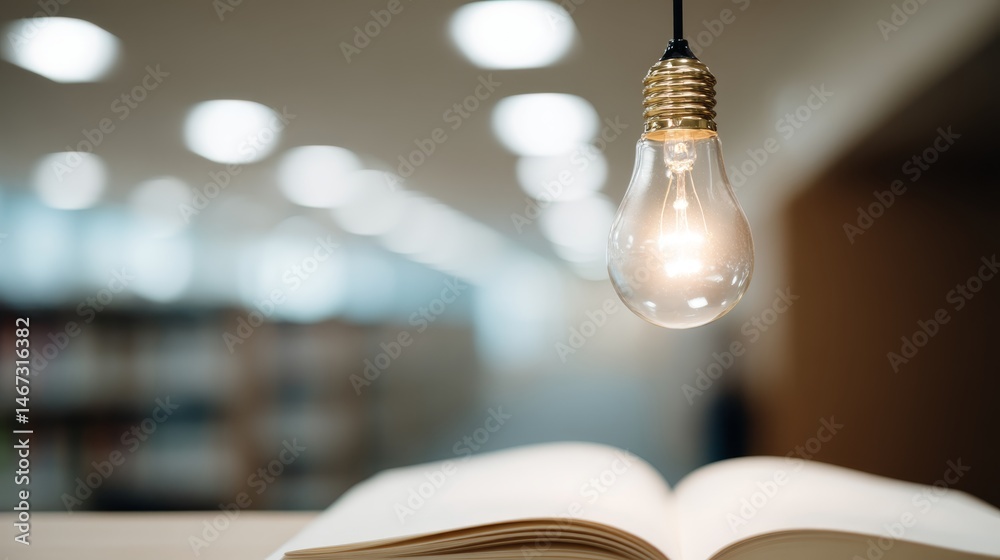 Poster A glowing filament bulb hangs above an open book, illuminating its pages while softly contrasting with blurred bookshelves in the background