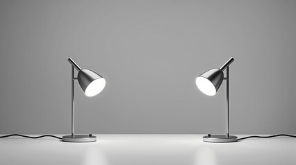 Two modern desk lamps illuminating a minimalist workspace in a bright and neutral-toned environment during daylight