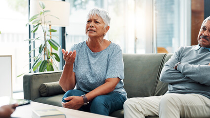 Marriage therapy, talking and old couple with therapist, divorce risk and communication in retirement. Counselling, senior man and elderly woman with consultation, advice and psychology with help