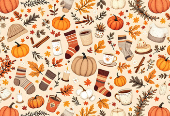 Cozy autumn hygge seamless pattern with pumpkins, socks, and warm drinks in comforting design