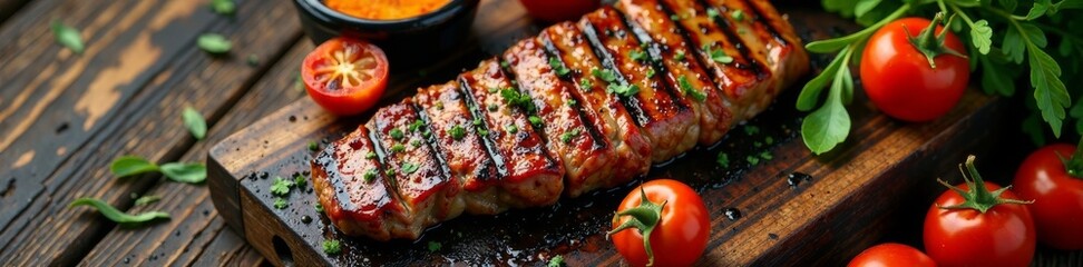 Grilled meat and veg on wooden floor top view with savory aromas, grill, outdoor kitchen