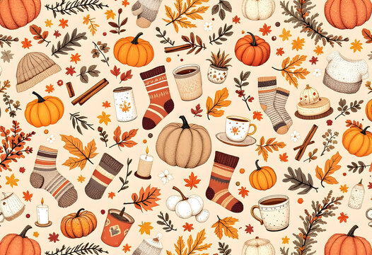 Cozy autumn hygge seamless pattern with pumpkins, socks, and warm drinks in comforting design