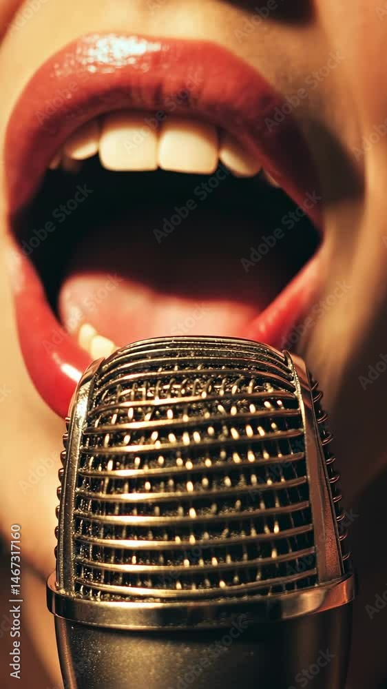 Poster Professional condenser microphone standing near audio interface on clean studio workstation. Representing high end sound recording environment for music production. Podcasting. And voiceover creation