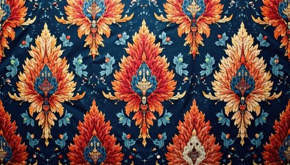 Intricate floral damask pattern, repeating motif on fabric , tapestry, decorative, scroll
