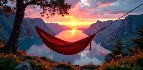 Hammock suspended above Geirangerfjord at sunset, mountains, geirangerfjord