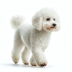 Adorable poodle walking playfully on a pure white background pet photography minimalist style