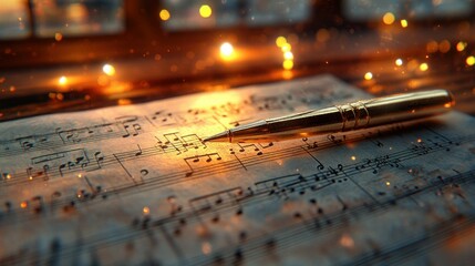 Antique music manuscript with golden pen