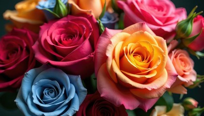 Fototapeta premium Vibrant rose bouquet, various colors, lush blooms, close-up , floral arrangement, flora