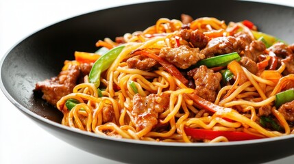 A close-up of a wok with golden-brown noodles, crisp vegetables, and juicy meat, isolated on a clean white background
