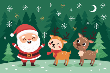 Create a cute cartoon Christmas vector illustration featuring bold, cheerful characters and festive elements.  Include vibrant colors and a playful style.