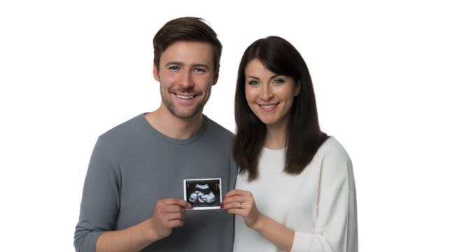 Happy Caucasian couple sharing ultrasound picture and announcing pregnancy, isolated on white or transparent background