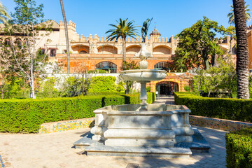 Fountain in Seville Alcazar gardens, Andalusia, Spain