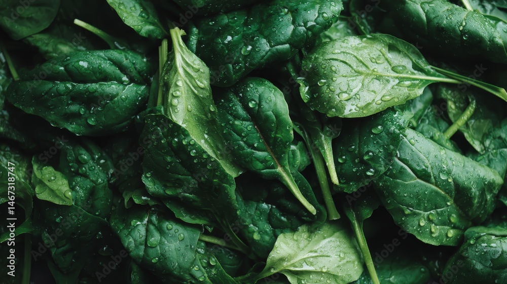 Poster glistening water droplets enhance the texture of lush spinach leaves, casting deep shadows and soft 