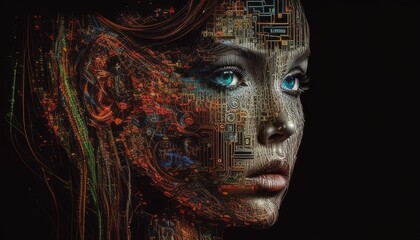 Digital portrait of a person with pixelated texture on a green background. Human or human robotic looking at camera or staring at camera made from pixel connecting together at black background. AIG51.