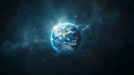 Fototapeta premium Earth in space, surrounded by nebulae and stars, with a glowing, detailed view of continents..