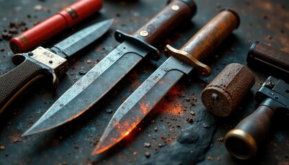 Close-up of a variety of dangerous weapons, including knives, guns, and explosives , threats, weaponry