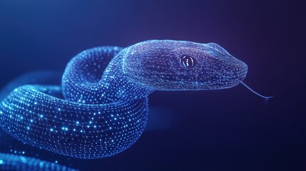 Fototapeta premium Abstract digital snake, glowing blue polygonal reptile.