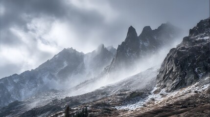 Bottom up view of overcast weather sky through rocky mountain peak thick cloud rolling across high altitude landscape light snow drifting under moody custom alpine sky cut out isolated transparent