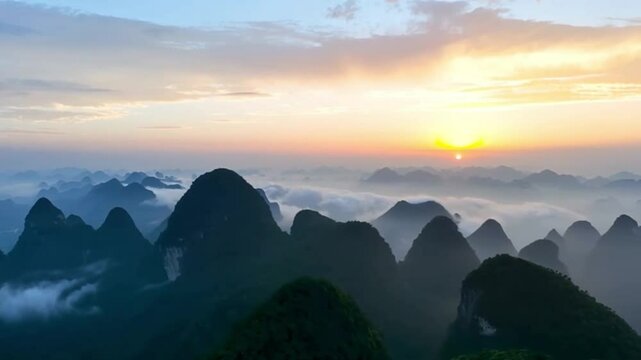 The evening cloud shadows of karst landforms in China
