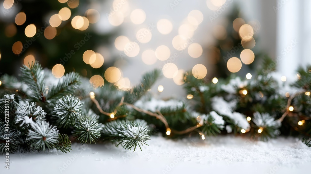 Aufkleber frosted pine branches adorned with twinkling fairy lights create a cozy winter atmosphere against a 