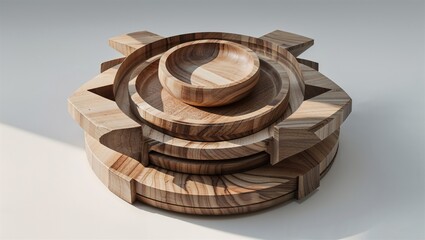 Photorealistic image of a wooden trivet set with geometric designs on a white background