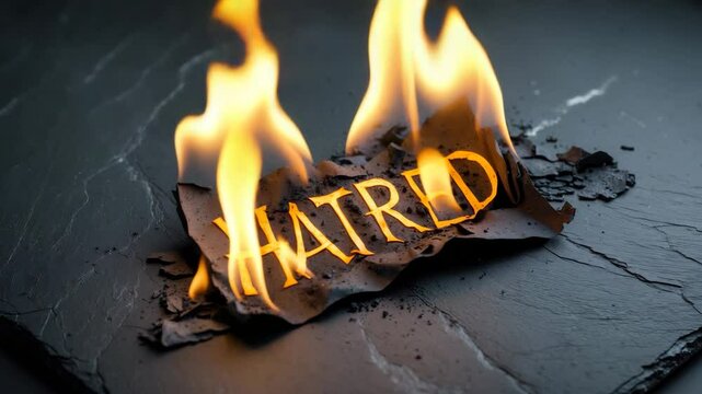 A burning area of black paper showcasing the word on a background.
