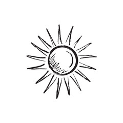 Sun shining bright in black brush stroke texture isolated on white. Hand drawn vector sketch illustration in vintage charcoal ink. Bright summer sunny weather, print design, resort symbol, spf