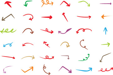 Hand drawn doodle wavy and curve and turn Arrows isolated on white background. Scribble design element Arrows, perfect for creative and playful design projects. Fabric design editable vector, EPS 10.