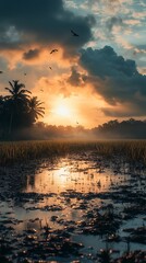 Serene Rice Paddy Field at Sunrise with Golden Sky and Birds Silhouettes