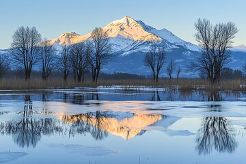 Snowcapped Mountain Reflected in Calm Waters with Bare Trees at Early Sunrise