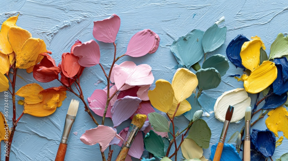 Leinwandbilder A vibrant abstract shrub painting displays intricate branch details and bold splashes of color on textured canvas, leaving ample copy space on one side