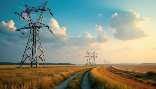 High-voltage power lines stretching across a vast landscape, carrying energy from a power plant , cables, utility, industrial