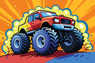 Dynamic monster truck illustration in vibrant colors with splashes, perfect for automotive art, posters, and action-packed designs Toy. © Abu hamed shah