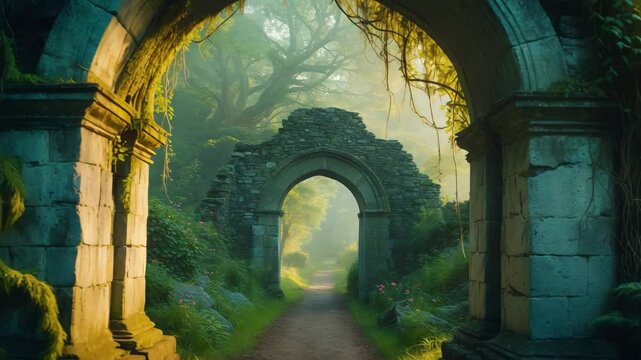 An archway of stone covered in moss frames a beautiful view into the heart. The winding pathway, surrounded by lush plants, encourages exploration of the old ruins.