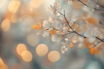 Delicate blooming branch with soft bokeh background featuring warm golden tones and pastel hues