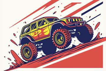 Dynamic monster truck illustration in vibrant colors with splashes, perfect for automotive art, posters, and action-packed designs Toy. © Abu hamed shah