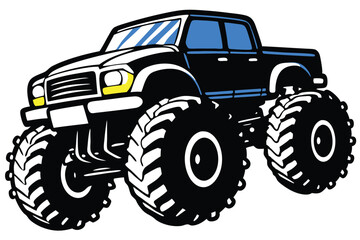 Dynamic monster truck illustration in vibrant colors with splashes, perfect for automotive art, posters, and action-packed designs Toy.